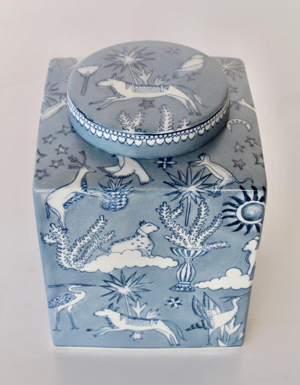 Large Blue & White Square Tiger Moon Jar With Lid